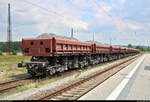 Blick auf 13 tschechische, mit Schotter beladene Schüttgutwagen der Gattung  Uas  der Financial Found a.s., die in Naumburg(Saale)Hbf abgestellt sind.
[22.6.2019 | 12:03 Uhr]