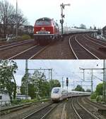 Die südliche Bahnhofseinfahrt von Neumünster am 27.04.1985 und am 07.07.2023: Oben fährt 218 104-8 mit einem (vermutlich) Westerländer Schnellzug ein, darunter nähert sich ein