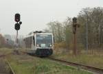 Ein TW der Ruhrtalbahn, unterwegs für das Unternehmen Vetter, in den Bahnhof Pretzsch einfahrend.15.11.2014  11:44 Uhr.