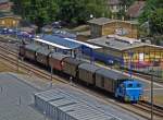 24.05.2008 Basdorf  Heidekrautbahn ; Rckblick auf ein NEB-Fest, von einer Hebebhne auf den Bf Basdorf gesehen. Am Bstg der Museumszug der Berliner Eisenbahnfreunde