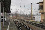 Das westliche Gleisvorfeld mit Abzweig links nach Chemnitz, am 13.02.2023 in Riesa.