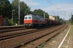 Am Morgen des 18.08.14 fährt 232 658-5 mit Schotterwagen durch Saarmund in Richtung Berlin- Flughafen Schönefeld