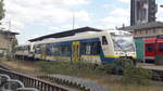 Die Wieslauftalbahn auch genannt Wiesel am Bahnhof Schorndorf kurz vor Abfahrt nach Oberndorf am 27.April 2020