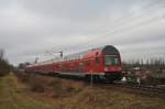 Hier ein RE3 (RE18349) von Schwedt(Oder) Hbf. nach Wünsdorf-Waldstadt, bei der Ausfahrt am 3.2.2013 aus Schwedt(Oder) Hbf.