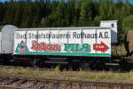 Bier-Kühlwagen 546 062 [P] (Fuchs Heidelberg, 1927) der Badischen Staatsbrauerei Rothaus abgestellt im Bahnhof Seebrugg (Sommer 2013).