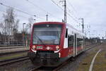 Hanseatische Eisenbahn GmbH, Putlitz mit ihrem RS1 Zug  VT 650.06  (NVR:  95 80 0650 567-0 D-HANS ) als RB33 nach Tangermünde am 21.02.24 Abfahrt Bahnhof Stendal Hbf.