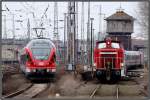 Ein Flirt und 362 941-7 geben sich die Ehre. Hbf Stralsund am 31.03.09 