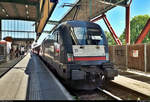 182 597-5 (Siemens ES64U2-097) der Mitsui Rail Capital Europe GmbH (MRCE), im Dienste der Abellio Rail Baden-Württemberg GmbH (Ersatzzug), als RE 95903 (RE10a) von Heilbronn Hbf nach