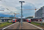 430 582-7 und 430 575-1 stehen in ihrem Startbahnhof Stuttgart Hbf auf Bahnsteig 3/4 nebeneinander.