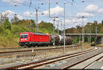 Mit dem Fahrrad von Kassel nach Halle (Saale) | Tag 3 Bernterode–Görsbach  Strecken-km: 105,2    Und wieder mal Kessel – nun mit 187 181-3 im Bahnhof Wolkramshausen auf Gleis 4