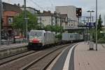 Am 22.05.2013 durchfuhr HSL 186 148-3 mit einem Containerzug den Bahnhof von Worms gen Norden.