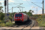 Gemischter Gz mit 185 003-1 DB durchfährt den Hp Zscherben auf der Bahnstrecke Halle–Hann.