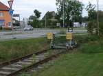 Das Streckenende von der inzwischen stillgelegten Stralsunder Anschlubahn in der Richtenberger Chaussee.Frher fhrte die Strecke weiter bis Grimmen.Aufgenommen am 17.September 2011.