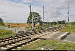 VDE 8 Komplexmaßnahme Halle Rosengarten–Angersdorf  ▶ Standort: Blockstelle (Bk) Zscherben    Für rund zwei Monate war der Bahnübergang auf der Kreisstraße Richtung