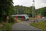 Mit dem Fahrrad von Kassel nach Halle (Saale) | Tag 5 Blankenheim–Zscherben  Strecken-km: 48,4    Abfahrt am Bahnübergang: 9442 107 (Bombardier Talent 2) verlässt den Bahnhof