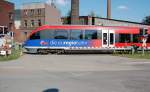 Stolberg/Rheinland Bahnbergang an der Propsteistrae/Rhenaniastrae am Donnerstag 3.6.2010 gerade berquert ein 643ziger der Euregiobahn den Bahnbergang um den Hauptbahnhof zu erreichen.