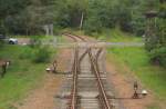 Der gekappte Abzweig zum Kraftwerk Vockerode am Bahnbergang der B 107, bei Oranienbaum. Aus dem Oberdeck des DVE 670 004 fotografiert; 14.09.2011