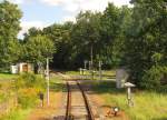 B 13,9 an der B 107 hinter dem Bf Oranienbaum, in Fahrtrichtung Wrlitz. Aus dem Oberdeck des DVE 670 004 fotografiert; 14.09.2011