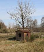 12.4.15 Golßen / Niederlausitz. Wellblech-Häuschen nahe ehem. Laderampe. War vermutlich eine Waage drin.