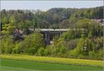Bahn am Hochrhein. Über die Grenze zur Mühlbachbrücke geschaut bietet sich im Frühjahr ein buntes Bild mit 612. Albert, April 2019.