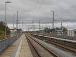 Die neue Fahrleitung auf dem Bahnhof Bergen/Rügen am 10.Oktober 2018.