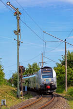 ODEG Triebwagen 4746 302 am Einfahrsignal des Bahnhofs Lancken.