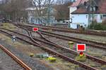 Eine gesperrte Weichenstraße am 15.02.26 in Frankfurt Höchst vom Bahnsteig aus fotografiert