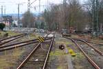 Eine gesperrte Weichenstraße am 15.02.26 in Frankfurt Höchst vom Bahnsteig aus fotografiert