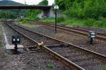 Gleissperre von der  KSW-Gleisanlage (Kreisbahn Siegen-Wittgenstein) zum DB Gleis am 18.05.2011 in Herdorf.