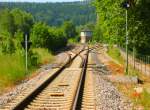 Hier ist die Bahnhofseinfahrt von Zella-Mehlis aus Richtung Oberhof zu sehen.