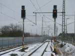 Ausfahrsignale Richtung Stralsund,am 02.Februar 2014,in Velgast.