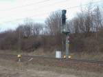 Das Einfahrsignal vom Kreuzungsbahnhof Stralsund-Langendorf(Strecke Stralsund-Rostock)am 22.März 2015.