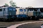 Lokvorf�hrung vor dem Wagenschuppen des Bahnbetriebswerks N�rnberg (27.05.1985):  V.l.n.r.: 140 452-4, 140 429-2 und 194 194-7.