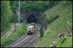 Ein kurzer Bauzug verläßt hier auf der Fahrt nach Osnabrück am 14.5.2006 um 9.35 Uhr den Lengericher Tunnel.