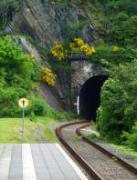 Deutschland, Rheinlandpfalz, Landkreis Ahrweiler, Verbandsgemeinde Altenahr, Bahnhof Mayschoss an der Ahrtalbahn (KBS 477), Ausfahrt in Richtung Bad Neuenahr durch den Saffenberg-Tunnel der aus zwei