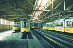 SSB Stuttgart_Straßenbahn-Betriebshöfe__Cannstatt (Vh5)__T2, B2, DoT4 und Abw in der unteren Halle.__12-06-1973 