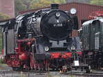 Die Dampflokomotive 01 008 hinter einer Draisine im Eisenbahnmuseum Bochum.
