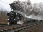 03 204 mit Sonderzug nach Dresden bei der Ausfahrt aus Elsterwerda .