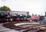 Lokparade am 28.08.1994 vor dem Lokschuppen in Wittenberge. Von links nach rechts stehen 52 9900-3, 55 669, 41 1185-2, 03 1010, 18 201 und eine 143. Foto darf mit Genehmigung veröffentlicht werden.