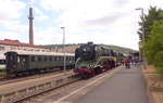 DampfPlus 18 201 mit dem DPE 20397 aus Cottbus, am 01.09.2018 nach der Ankunft in Meiningen. Standort war trotz Absperrband im Vordergrund frei zugänglich.