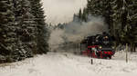 Am 9. Dezember 2017 zur Vogtlandrundfahrt ist zwischen Schöneck und Muldenberg 35 1097-1 unterwegs. Der Zug ist so ellenlang, dass am ende noch 118 770-7 schieben muss. 