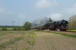 Dampflok 01 1533 + 23 1097 mit ein Sonderzug der Dresdner Dampfloktreffen von Riesa nach Dresden und passiert bei Priestewitz, 12 April 2014.