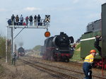35 1019-5 wird gleich an die 18 201 gekoppelt. Beide Loks kommen aus Deutschland. Im Hintergrund nähert sich schon die polnische Ty42-24. Die ganz mutigen Bahnfans auf der Brücke werden gleich gut durchgewärmt. 30.4.2016