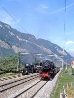 RhB/SBB Dampfzug-Prarallelfahrt RhB 3853/33033 SBB mit den Dampflokomotiven RhB G 3/4 1 + G 4/5 107 / SBB (ex DB) 23 058 von Landquart nach Chur vom 07.06.1997 bei Haldenstein     