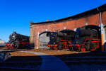 Pr�chtig strahlen sie in der Abendsonne - 58 261, 44 1338 und 50 3648 am Rundlokschuppen im Bw Chemnitz-Hilbersdorf, 12.03.2022