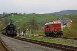 50 3616-5 und 107 018-4 am 11.05.2013 im Bahnhof Annaberg-Buchholz S�d.