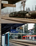 Die Donautalbahn einst & jetzt: Der Bahnhof Ehingen steht stellvertretend für den Wandel vieler Kleinstadtbahnhöfe in den vergangenen Jahrzehnten. Als die 052 722-8 im Dezember 1975 mit einem Güterzug nach Munderkingen aufgenommen wurde, verfügte er noch über Schüttbahnsteige, die Züge waren ebenerdig zu erreichen. Auf der unteren Aufnahme sieht man die für die heutige Zeit charakteristische  Bahnhofsmöblierung , der mit den Einstiegen des 650 höhengleiche Bahnsteig ist nur noch über eine Fußgängerüberführung zu erreichen. 