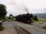 Die BR 50 der Sauschwnzlebahn rangiert im Sommer 2007 im Bahnhof Zollhaus-Blumberg, um sich vor ihren Sonderzug Richtung Weizen zu setzen.