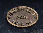Hier zu sehen das Fabrikschild der Schlepptender-G�terzuglokomotive 055 345-3. (Eisenbahnmuseum Bochum, April 2026)
