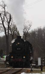 Durch die lange Talfahrt hat 58 311 etwas berdruck, den sie lautstark abblst.(Markersbach,14.03.09)